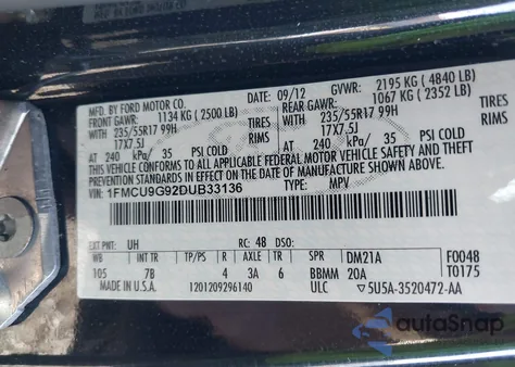 2013 Ford Escape Se z USA, uszkodzony, nr VIN 1FMCU9G92DUB33136